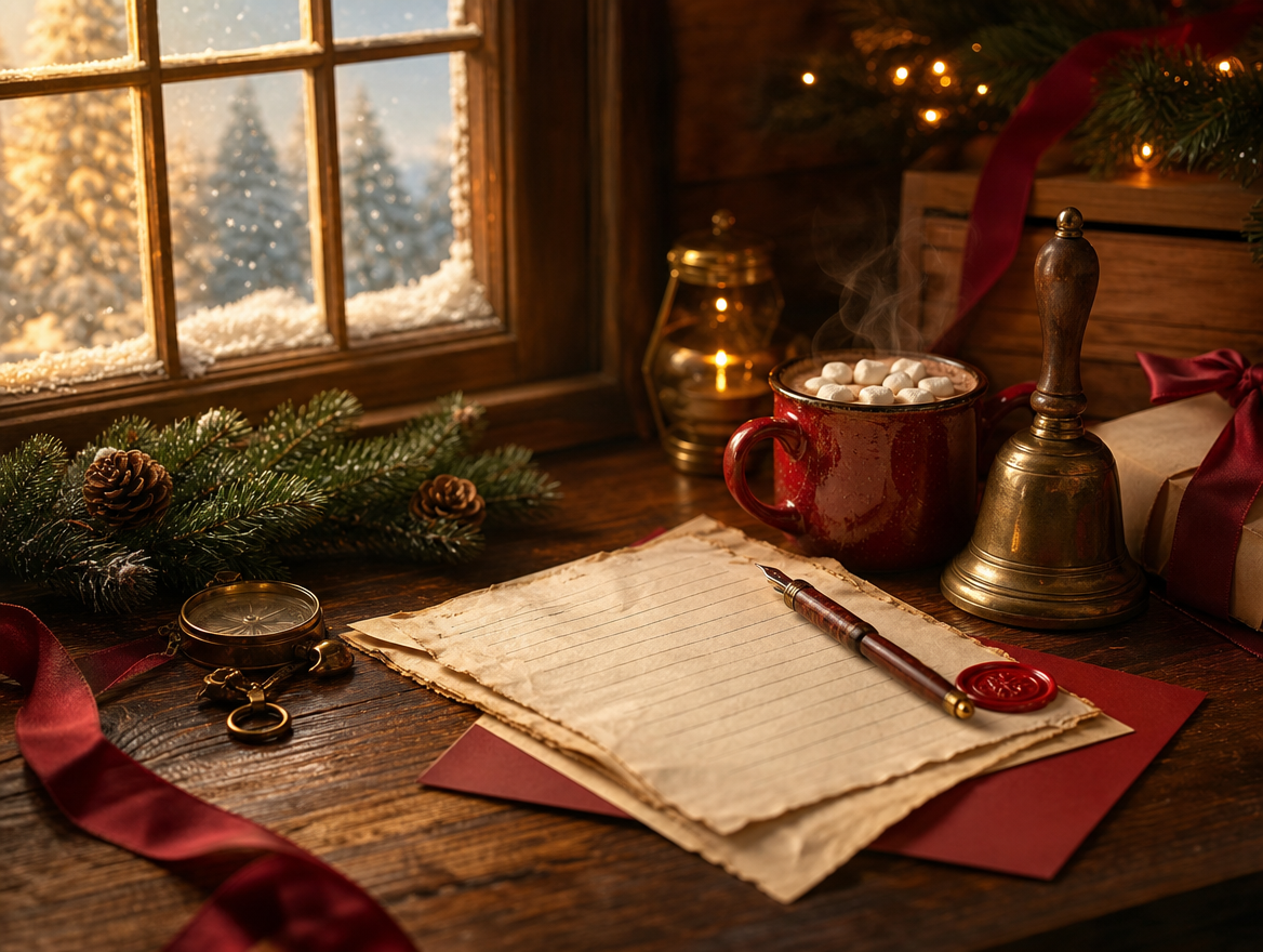 A warm North Pole desk with letters, cocoa, ribbon, and holiday glow