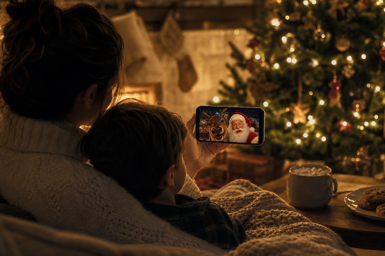 A cozy phone showing a Santa Corky and reindeer message